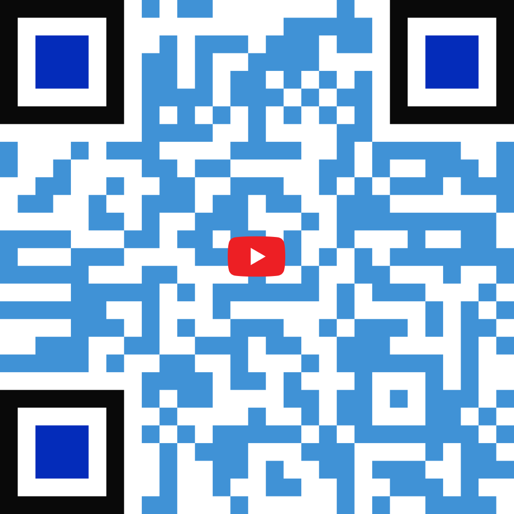 Blue, white and black QR code containing a small YouTube logo